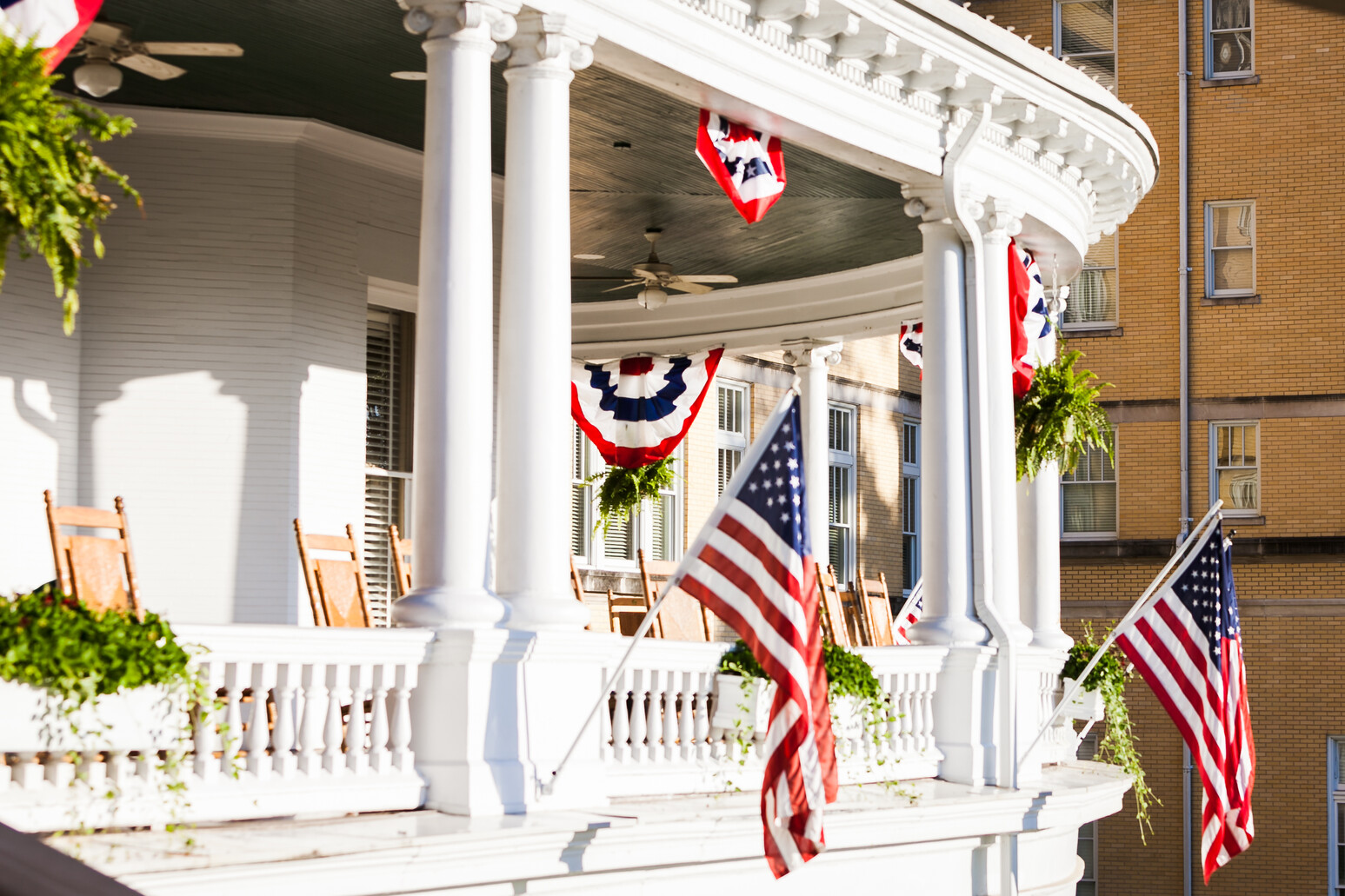 Flags on porch of French Lick Resort