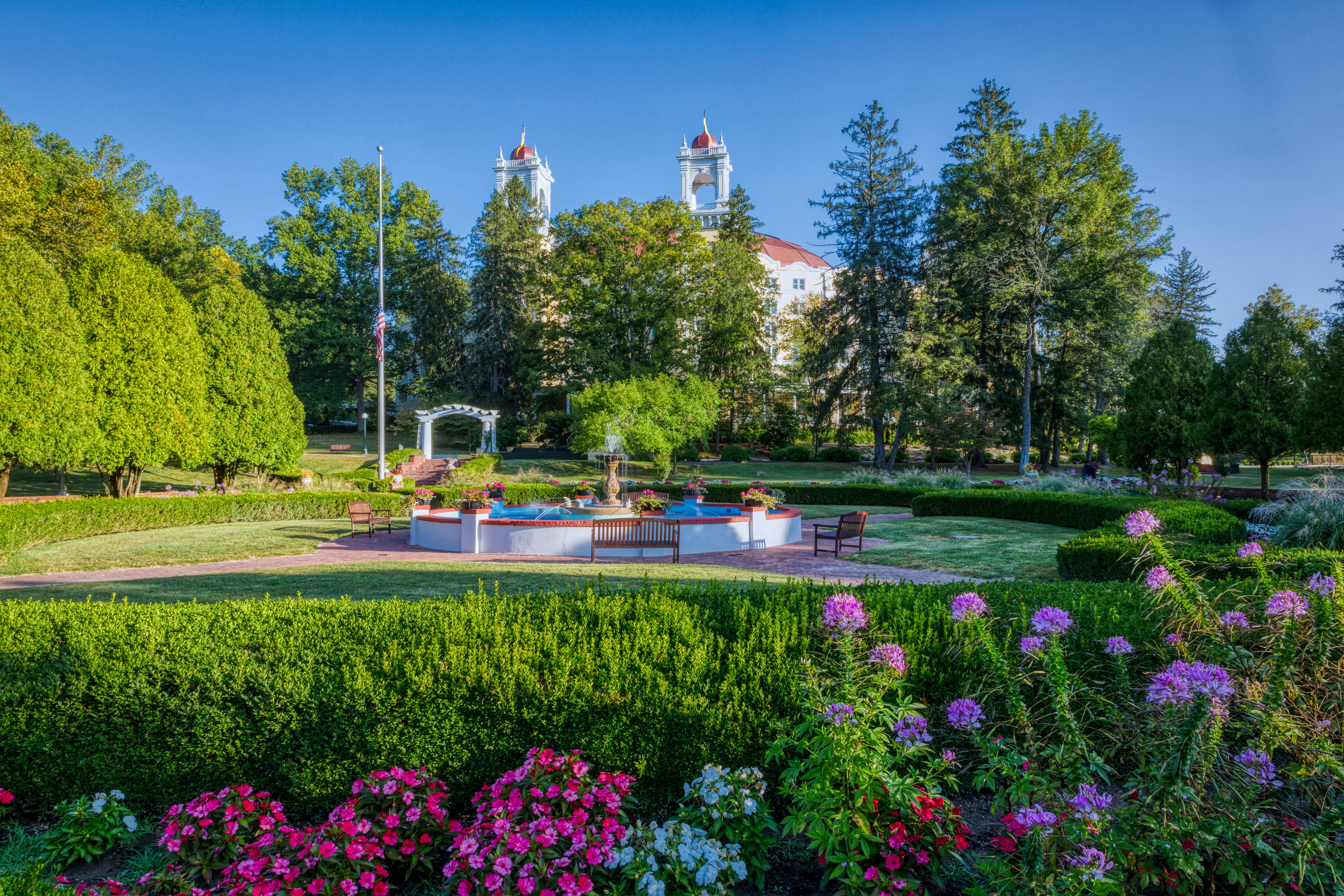 a garden with a fountain and trees