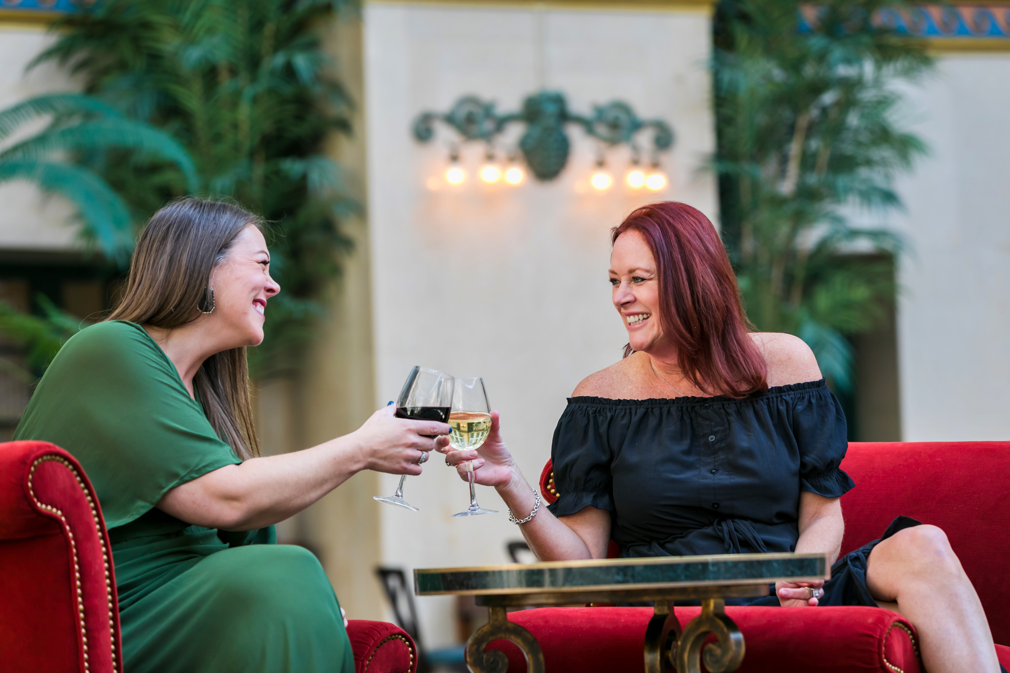 Two women toasting a glass of wine