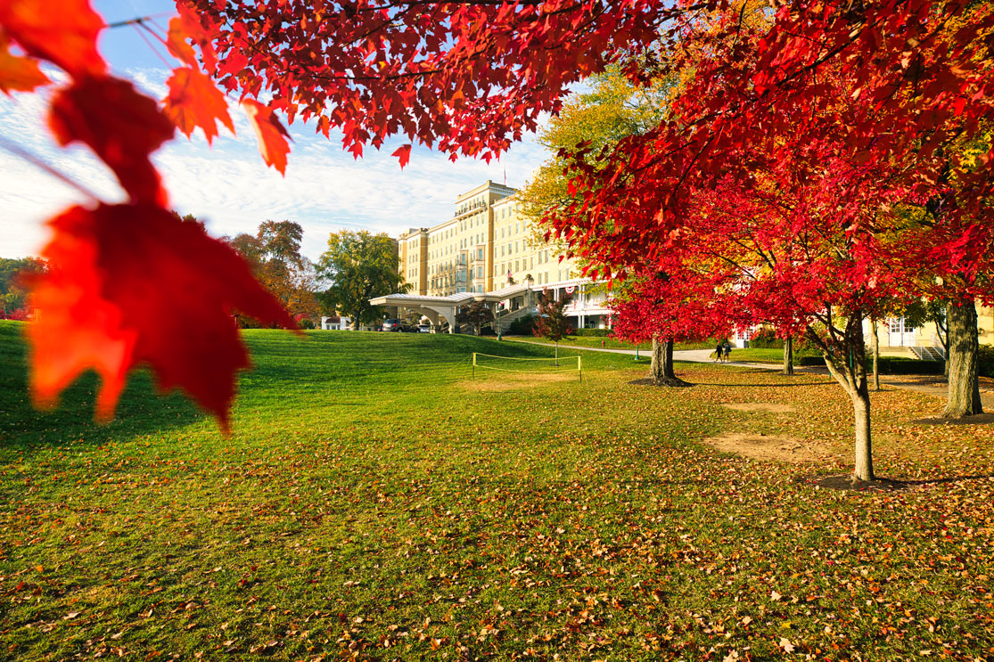 Fall trees in front of a hotel