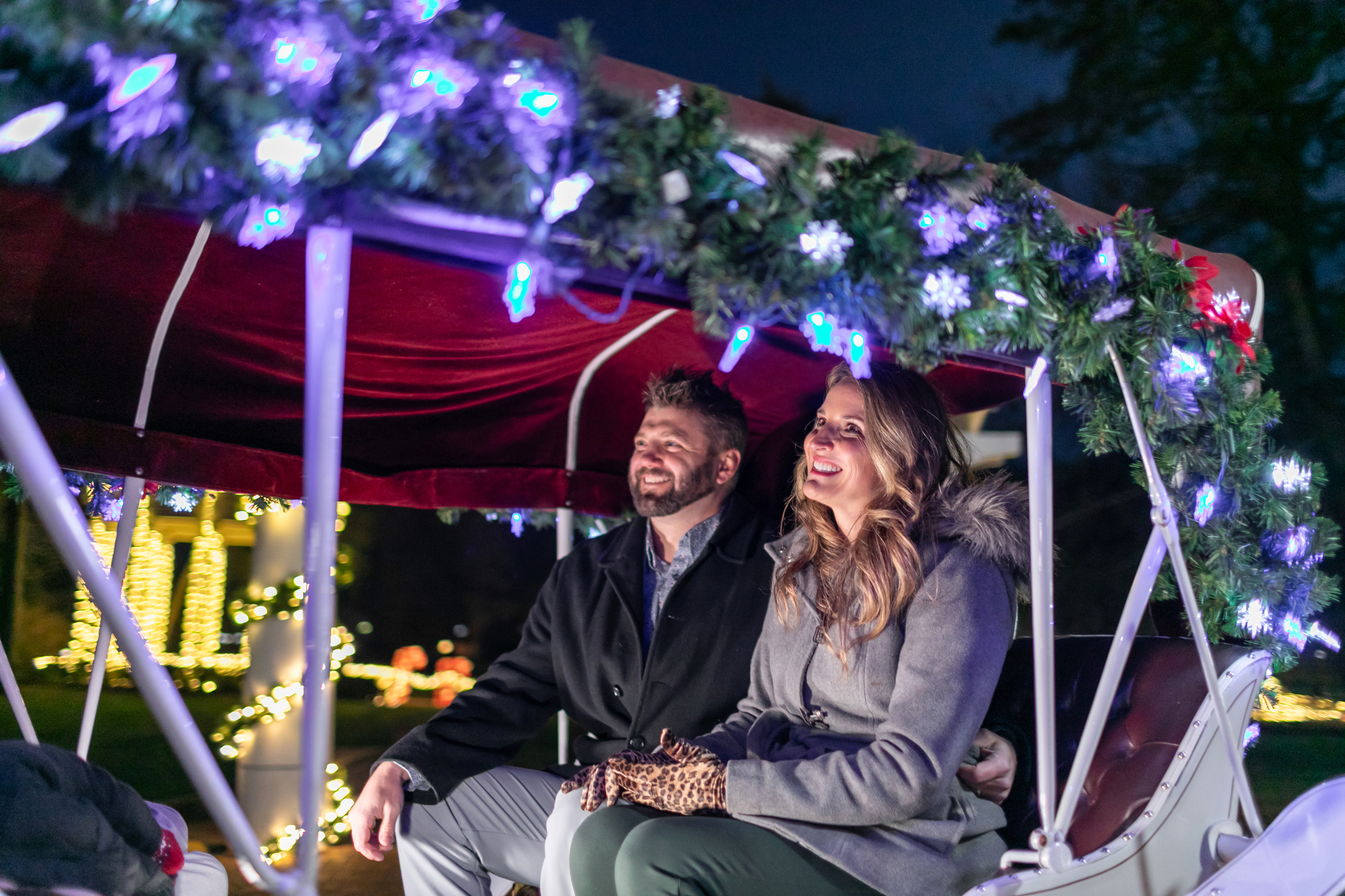 a man and woman sitting on a carriage with lights