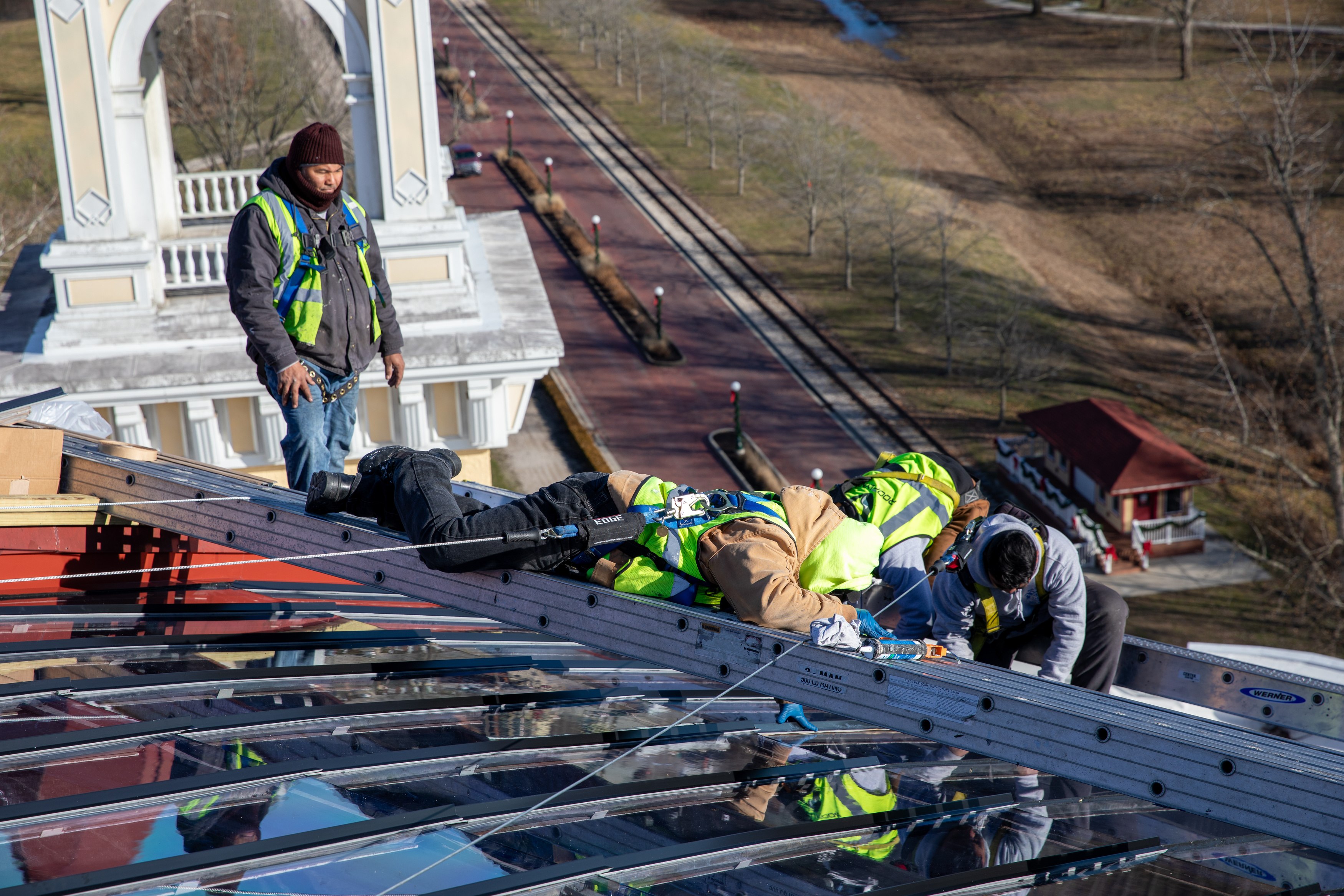 a group of people on a roof