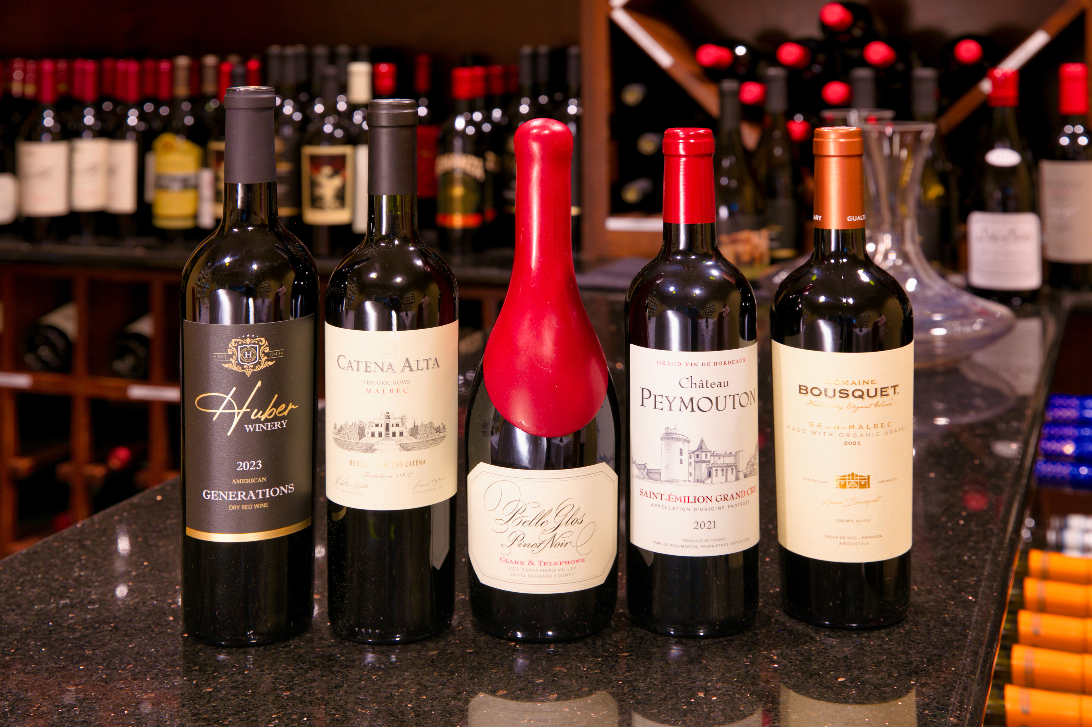 a row of wine bottles