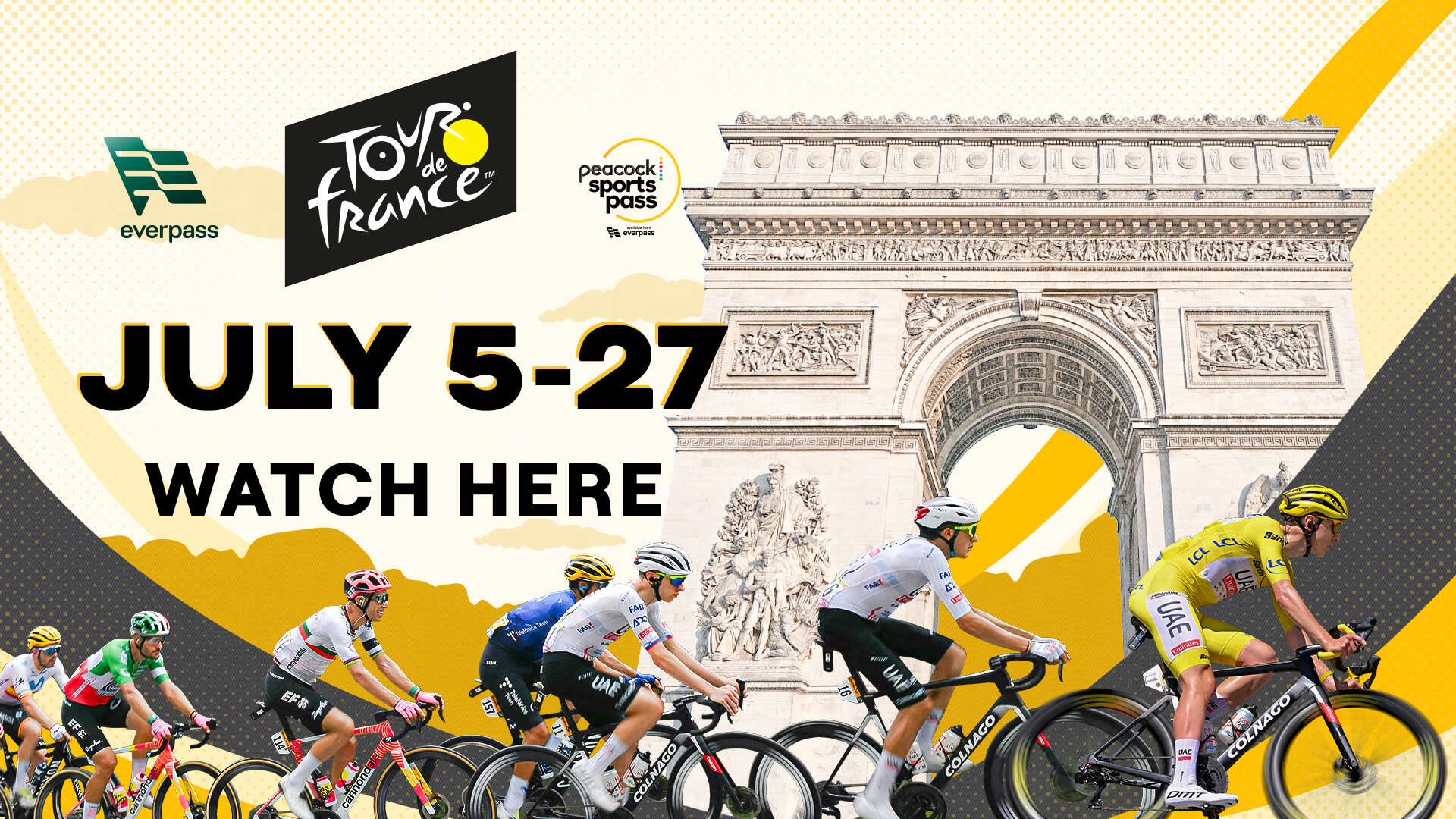 a group of people riding bicycles in front of a large stone arch