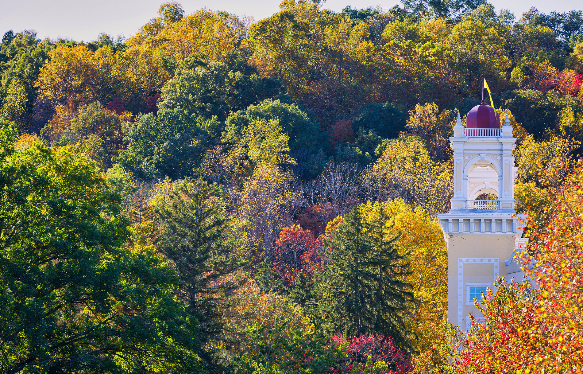 Hotel tower in the fall foliage