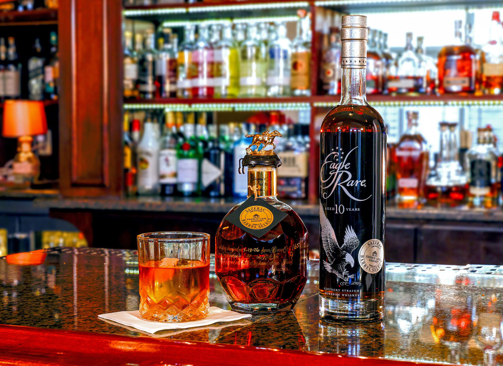 A lineup of bourbon bottles