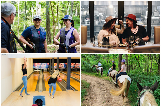 Collage of Shooting, Dining, Bowling and Horseback riding