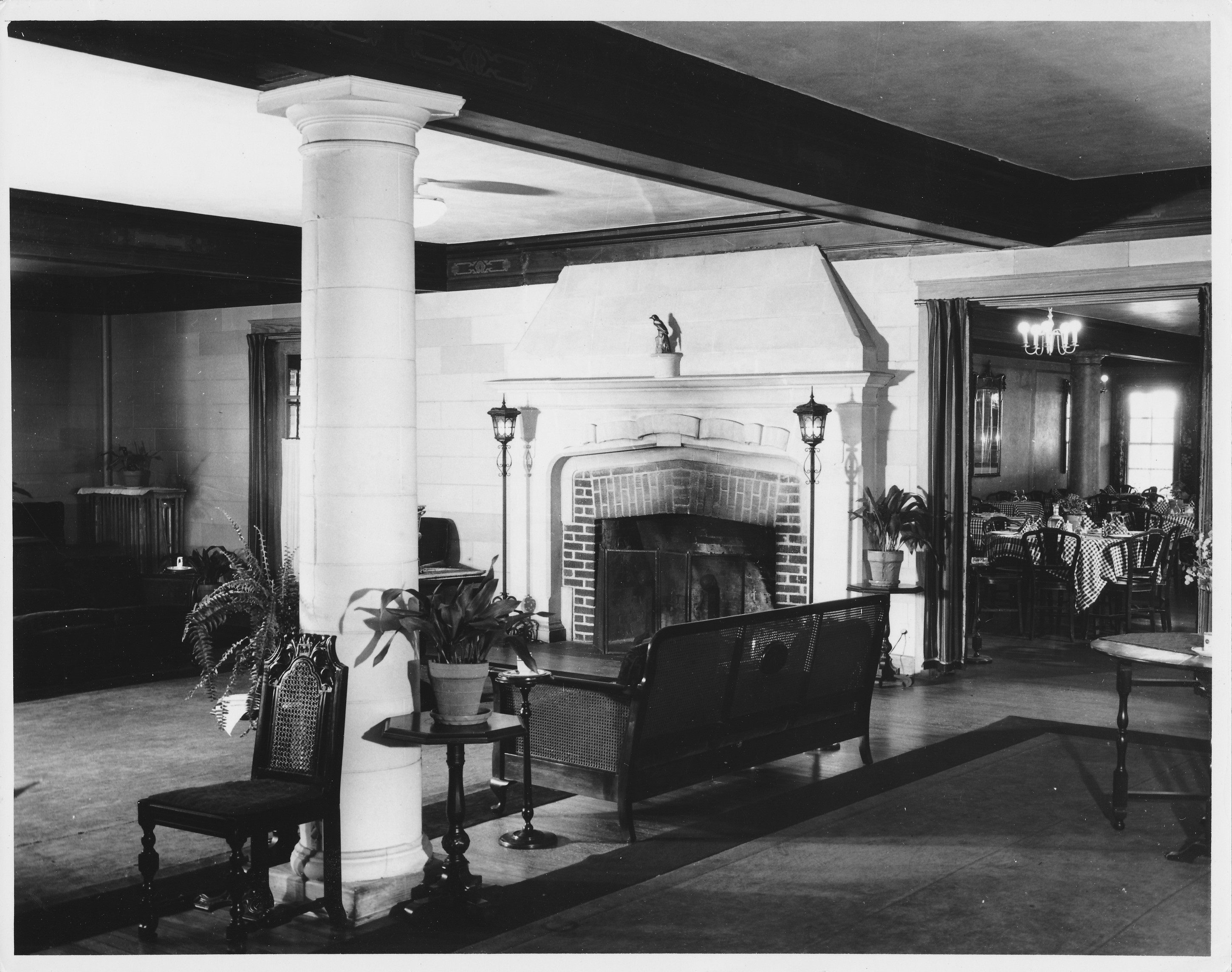a room with a fireplace and a couch