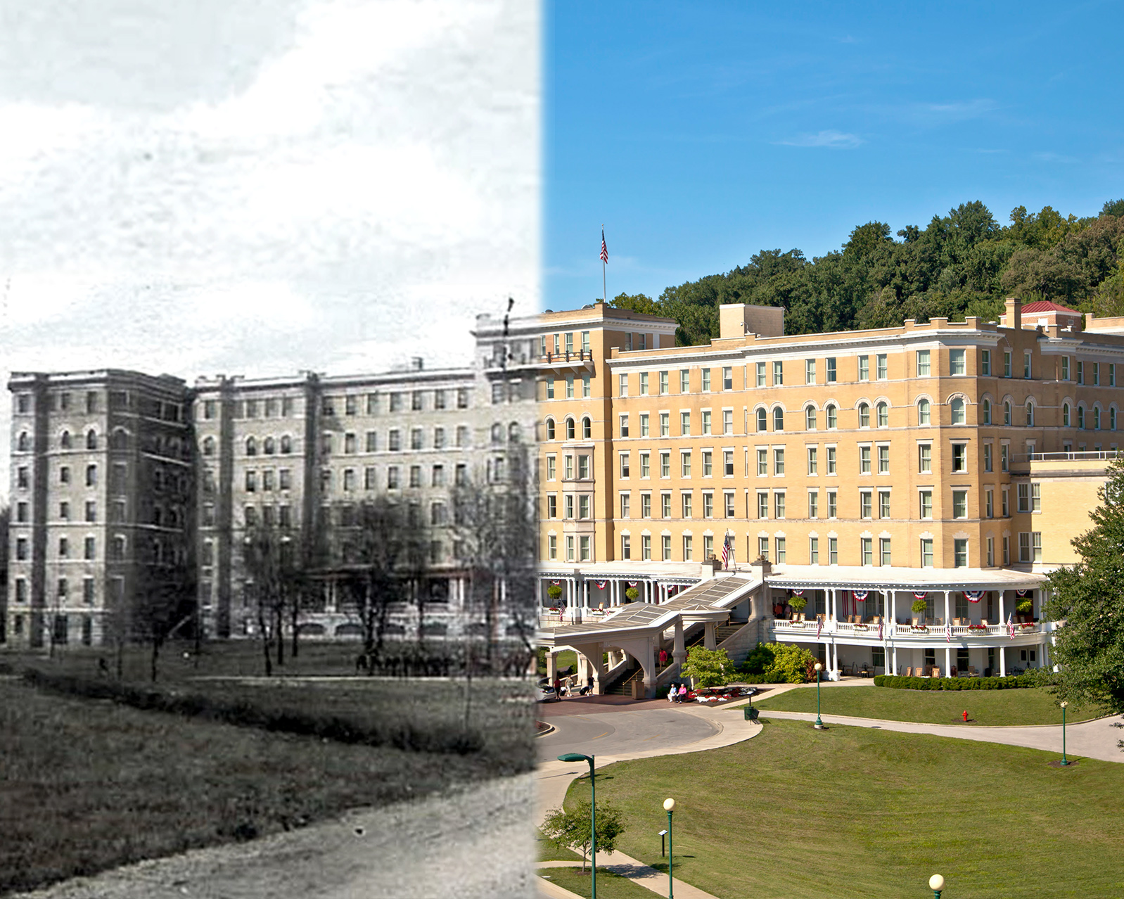 A past and present view of a hotel