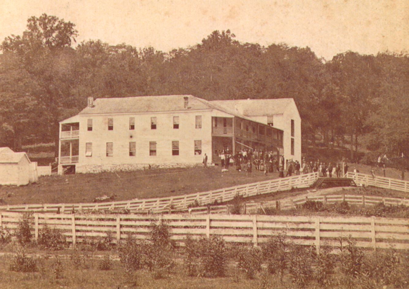 a group of people outside a building