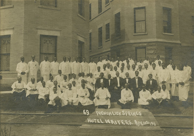 French Lick Springs Hotel waiters pictured in front of the hotel in 1911.