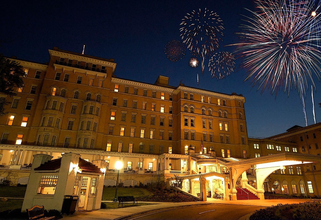 Fireworks by a large building