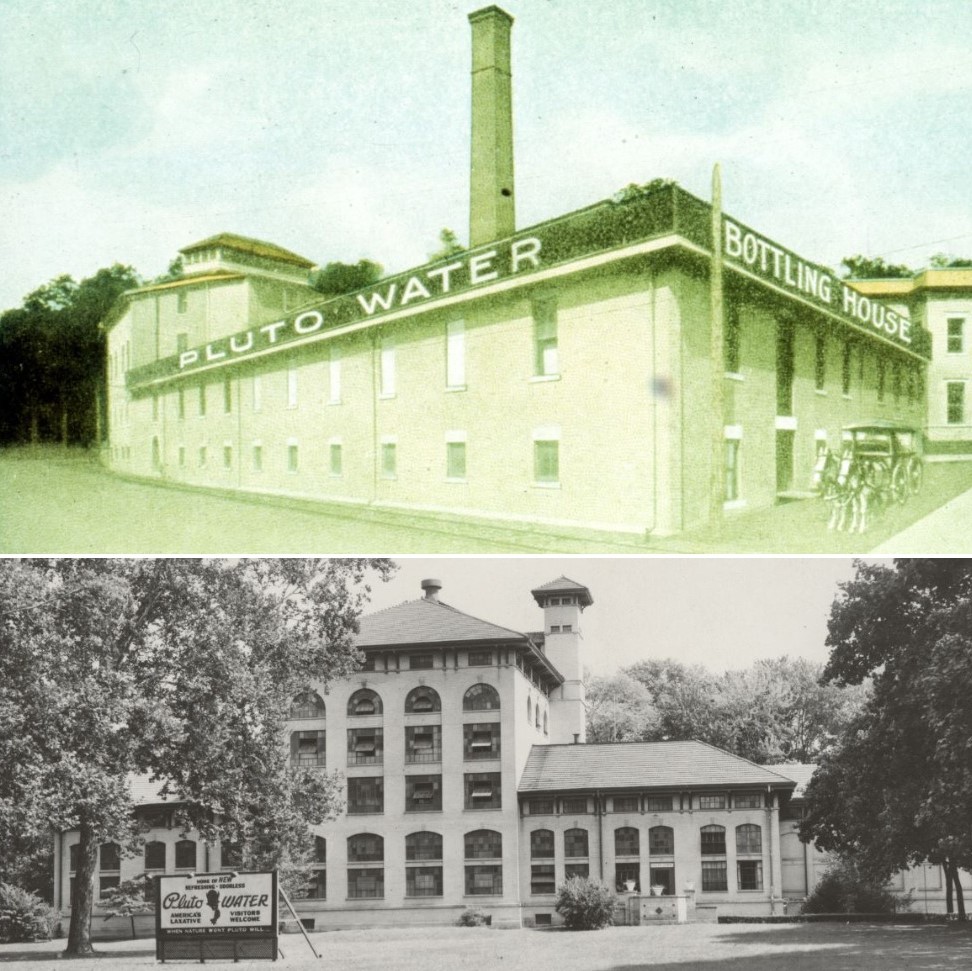 a building with a chimney and a building with trees