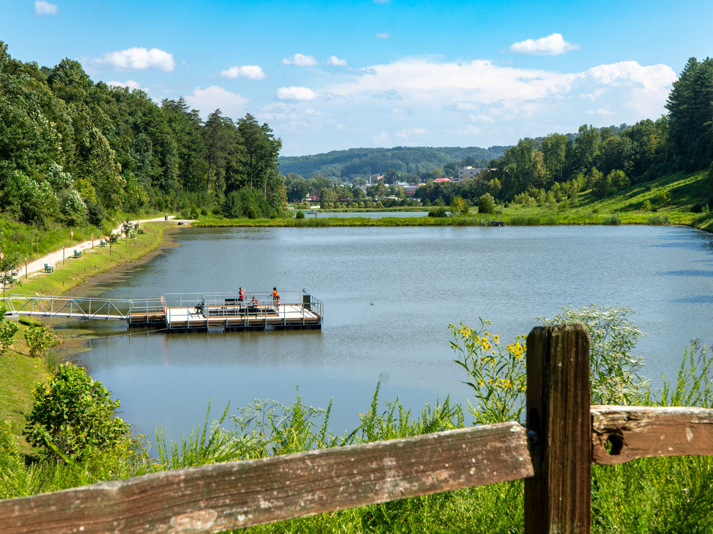 a lake with a dock and trees