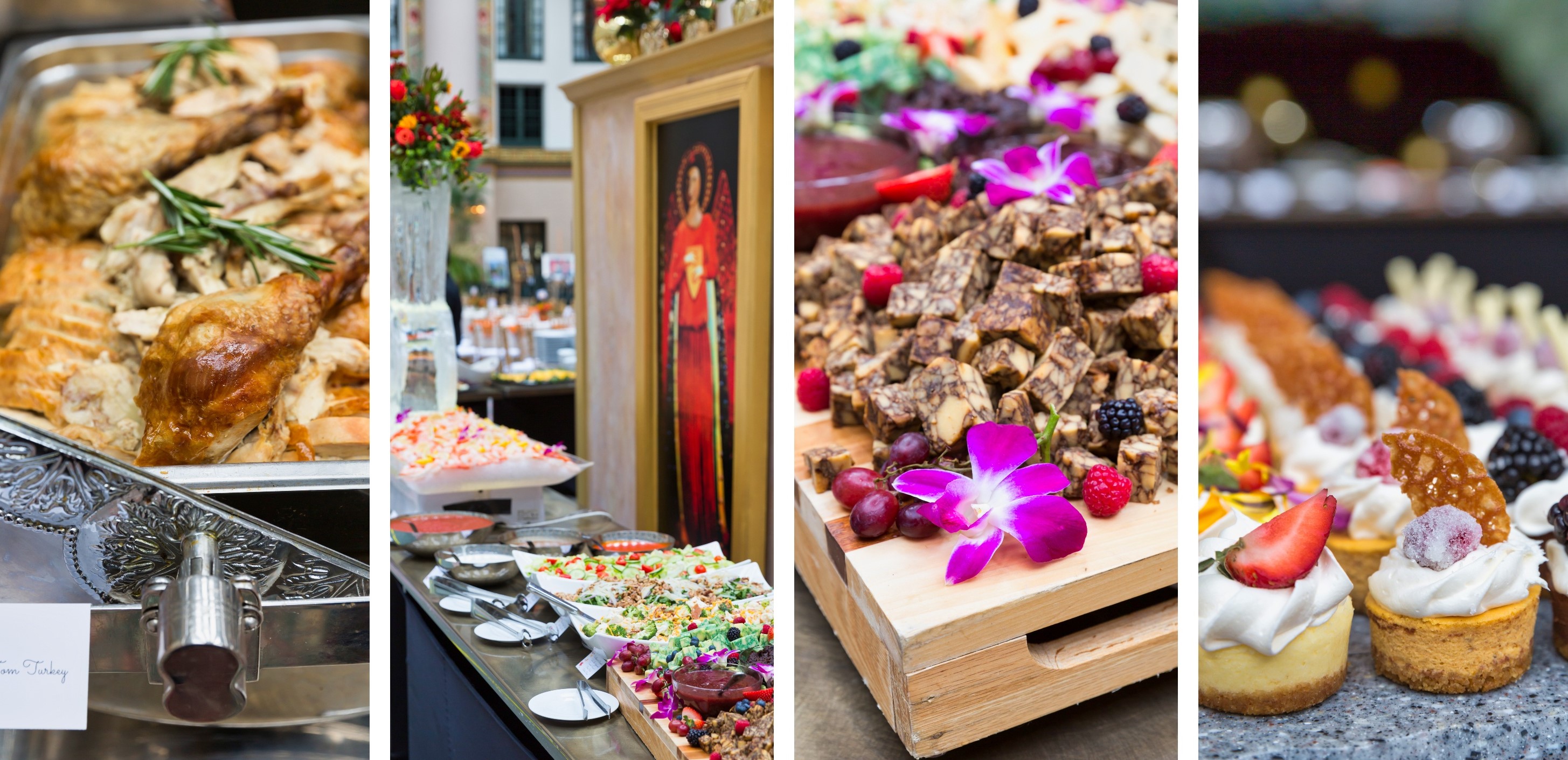 a buffet table with food and flowers