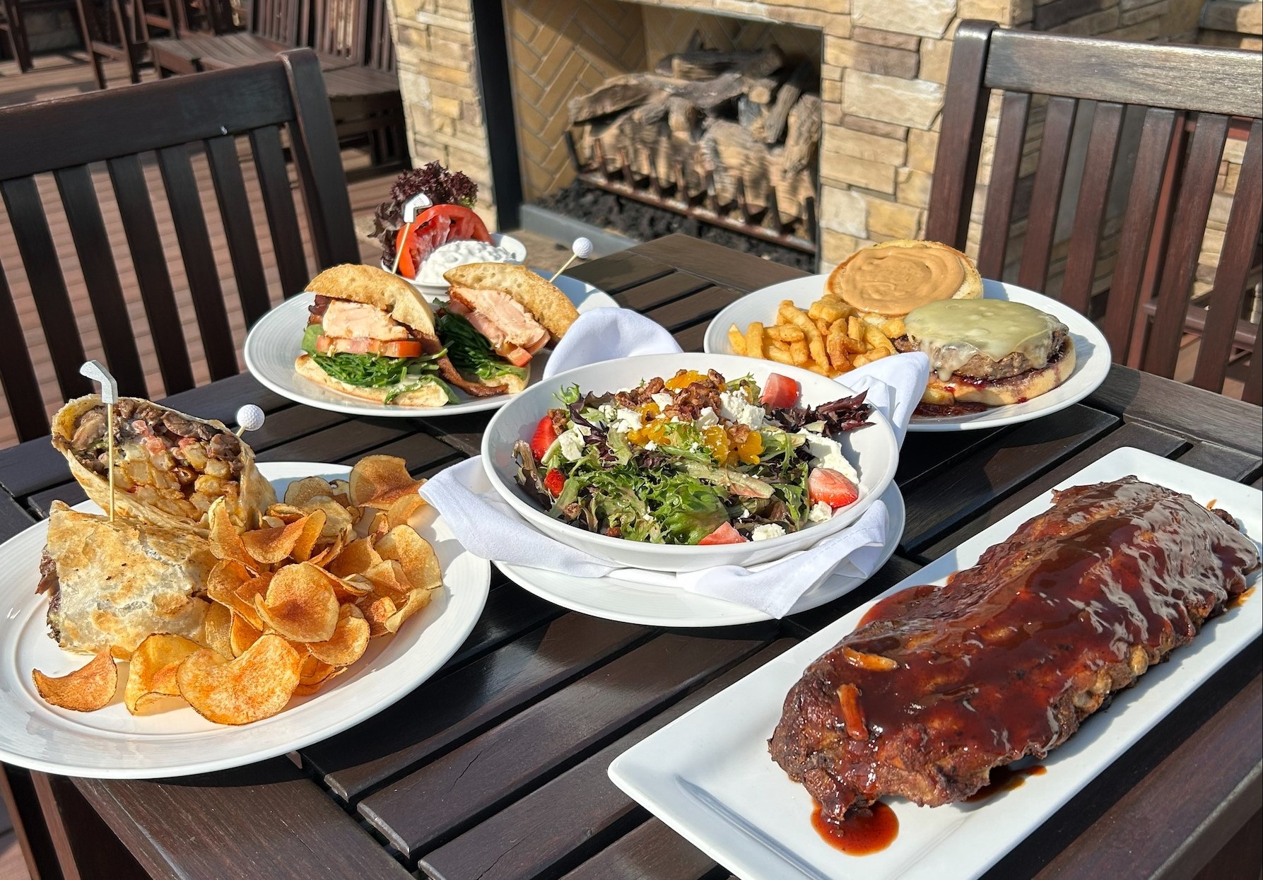 a table with plates of food on it